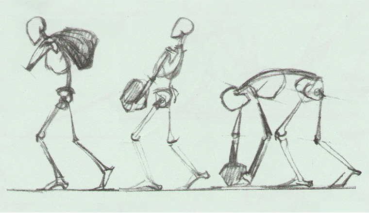 Sketch illustration of three figures carrying bags